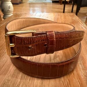 Luxurious Brown and Gold Leather Belt with Crocodile Texture